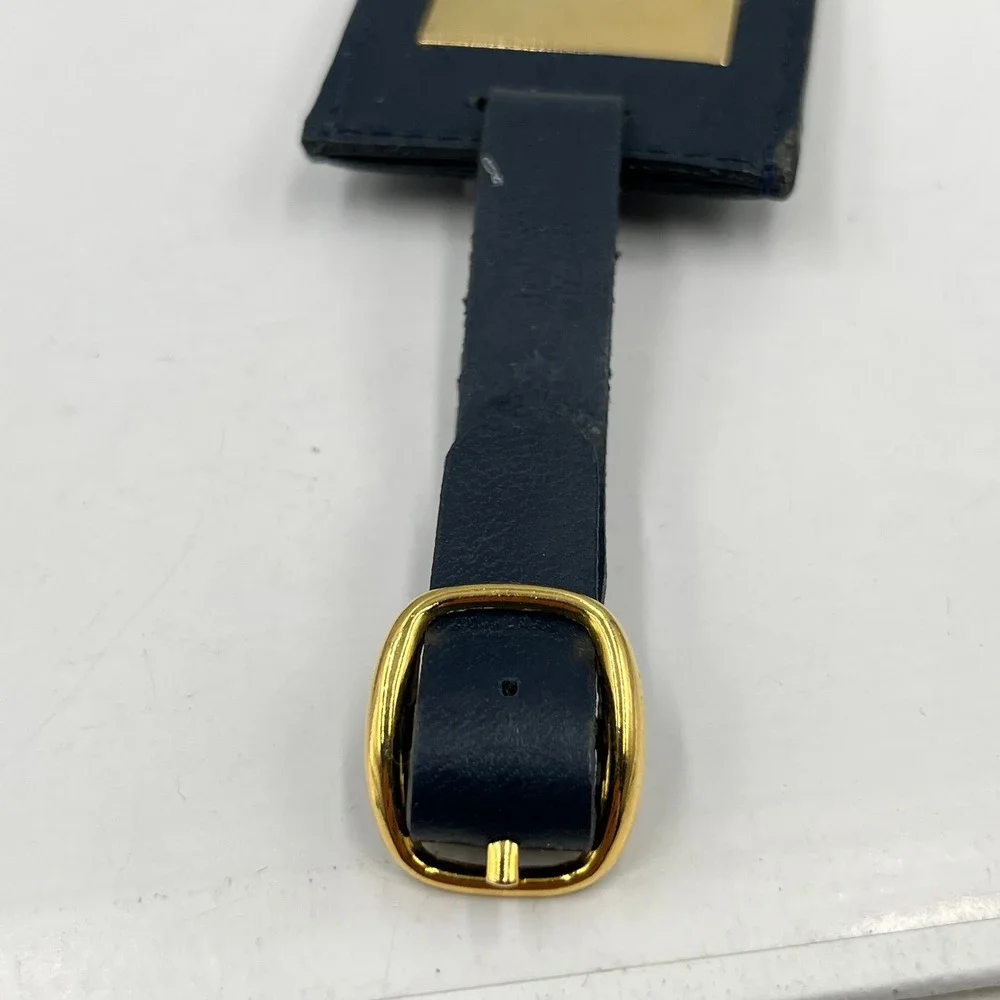 Vintage Crystal Cruises Luxury Luggage Tag Blue Leather Gold Tone Brass Plate